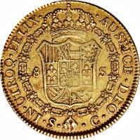 reverse of 8 Escudos - Carlos III (1786 - 1788) coin with KM# 409a from Spain. Inscription: IN · UTROQ · FELIX · · AUSPICE · DEO 8 S · S · · CM ·