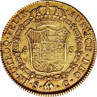 Spain coin 8 Escudos - Carlos III (1786 - 1788) reverse reverse of 8 Escudos - Carlos III (1786 - 1788) coin with KM# 409a from Spain. Inscription: IN · UTROQ · FELIX · · AUSPICE · DEO 8 S · S · · CM ·