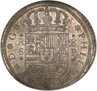 obverse of 8 Reales - Felipe V (1727 - 1740) coin with KM# 336 from Spain.