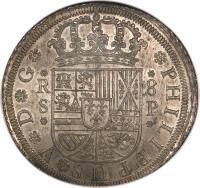 Spain coin 8 Reales - Felipe V (1727 - 1740) obverse obverse of 8 Reales - Felipe V (1727 - 1740) coin with KM# 336 from Spain.