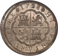 Spain coin 8 Reales - Felipe V (1727 - 1740) reverse reverse of 8 Reales - Felipe V (1727 - 1740) coin with KM# 336 from Spain.