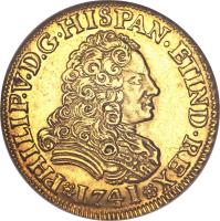 Spain coin 2 Escudos - Felipe V (1730 - 1742) obverse obverse of 2 Escudos - Felipe V (1730 - 1742) coin with KM# 353 from Spain. Inscription: PHILIP · V · D · G · HISPAN · ETIND · REX 1741