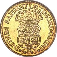 Spain coin 2 Escudos - Felipe V (1730 - 1742) reverse reverse of 2 Escudos - Felipe V (1730 - 1742) coin with KM# 353 from Spain. Inscription: INITIUM SAPIENTIÆTIMORDOMINI S P J