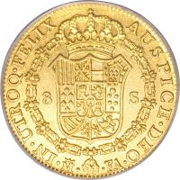 Spain coin 8 Escudos - Carlos IV (1788 - 1791) reverse reverse of 8 Escudos - Carlos IV (1788 - 1791) coin with KM# 437 from Spain.