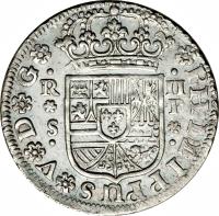 obverse of 2 Reales - Felipe V (1731 - 1745) coin with KM# 355 from Spain.