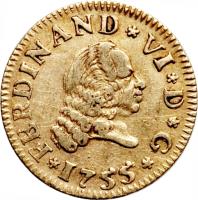 obverse of 1/2 Escudo - Fernando VI (1747 - 1759) coin with KM# 374 from Spain.