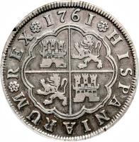 Spain coin 4 Reales - Carlos III (1760 - 1761) reverse reverse of 4 Reales - Carlos III (1760 - 1761) coin with KM# 396 from Spain.