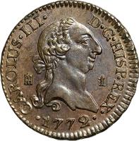 Spain coin 1 Maravedi - Carlos III (1770 - 1775) obverse obverse of 1 Maravedi - Carlos III (1770 - 1775) coin with KM# 405 from Spain.