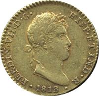 obverse of 2 Escudos - Fernando VII - Cadiz; Laureate head (1811 - 1814) coin with KM# 468 from Spain. Inscription: FERDIN · VII · D · G · HISP · ET IND · R · · 1813 ·
