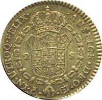 reverse of 2 Escudos - Fernando VII - Cadiz; Laureate head (1811 - 1814) coin with KM# 468 from Spain. Inscription: IN · ULTROQ · FELIX · · AUSPICE · DEO 2 S · C · · CJ ·