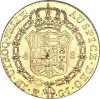 Spain coin 4 Escudos - Fernando VII (1814 - 1824) reverse reverse of 4 Escudos - Fernando VII (1814 - 1824) coin with KM# 484 from Spain.