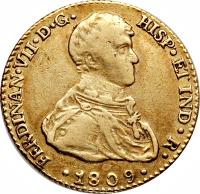 Spain coin 2 Escudos - Fernando VII - Draped and cuirassed (1808 - 1809) obverse obverse of 2 Escudos - Fernando VII - Draped and cuirassed (1808 - 1809) coin with KM# 455 from Spain. Inscription: FERDINAN · VII · D · G · HISP · ET IND · R · · 1809 ·