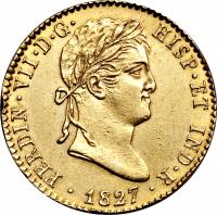 Spain coin 2 Escudos - Fernando VII - Laureate head (1814 - 1833) obverse obverse of 2 Escudos - Fernando VII - Laureate head (1814 - 1833) coin with KM# 483 from Spain. Inscription: FERDIN · VII · D · G · HISP · ET IND · R · · 1827 ·