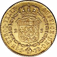 Spain coin 2 Escudos - Fernando VII - Laureate head (1814 - 1833) reverse reverse of 2 Escudos - Fernando VII - Laureate head (1814 - 1833) coin with KM# 483 from Spain. Inscription: IN · ULTROQ · FELIX · · AUSPICE · DEO · S · · JB · 2 S