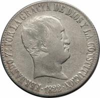 Spain coin 20 Reales - Fernando VII - Madrid; 3'rd Portrait (1821 - 1823) obverse obverse of 20 Reales - Fernando VII - Madrid; 3'rd Portrait (1821 - 1823) coin with KM# 561 from Spain. Inscription: FERNANDO 7°. POR LA GRACIA DE DIOS Y LA CONSTITUCION .1822.