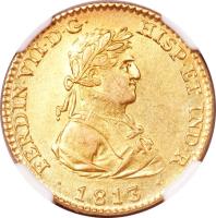 Spain coin 2 Escudos - Fernando VII - Madrid; Small laureate bust (1813 - 1814) obverse obverse of 2 Escudos - Fernando VII - Madrid; Small laureate bust (1813 - 1814) coin with KM# 480 from Spain. Inscription: FERDIN · VII · D · G · HISP · ET IND · R · · 1813 ·