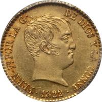 obverse of 80 Reales - Fernando VII (1822 - 1823) coin with KM# 564 from Spain. Inscription: FERN.7°.POR LA G. DE DIOS Y LA CONST . 1822 .