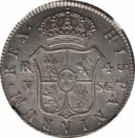 reverse of 4 Reales - Fernando VII (1809 - 1814) coin with KM# 453 from Spain. Inscription: HISPANIARUM.REX. R 4 V SG.