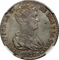 obverse of 4 Reales - Fernando VII - Valencia (1823) coin with KM# 85 from Spain. Inscription: FERM.7°.POR LA G. DE DIOS Y LA CONST. .1823.