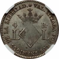 reverse of 4 Reales - Fernando VII - Valencia (1823) coin with KM# 85 from Spain. Inscription: VAL. SITIADA POR LOS ENEMIGOS DE LA LIBERTAD 4 R. LL
