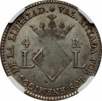 Spain coin 4 Reales - Fernando VII - Valencia (1823) reverse reverse of 4 Reales - Fernando VII - Valencia (1823) coin with KM# 85 from Spain. Inscription: VAL. SITIADA POR LOS ENEMIGOS DE LA LIBERTAD 4 R. LL