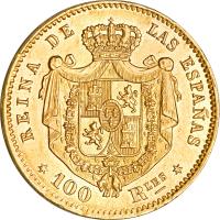 Spain coin 100 Reales - Isabel II (1863 - 1864) reverse reverse of 100 Reales - Isabel II (1863 - 1864) coin with KM# 617 from Spain.