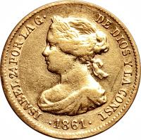Spain coin 20 Reales - Isabel II (1861 - 1863) obverse obverse of 20 Reales - Isabel II (1861 - 1863) coin with KM# 610 from Spain.