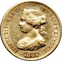 obverse of 40 Reales - Isabel II (1864) coin with KM# 618 from Spain.