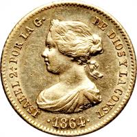 Spain coin 40 Reales - Isabel II (1864) obverse obverse of 40 Reales - Isabel II (1864) coin with KM# 618 from Spain.