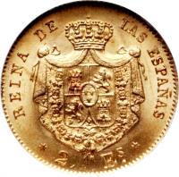 Spain coin 2 Escudos - Isabel II (1865 - 1868) reverse reverse of 2 Escudos - Isabel II (1865 - 1868) coin with KM# 630 from Spain. Inscription: REINA DE LAS ESPAÑAS * 2 Es. *