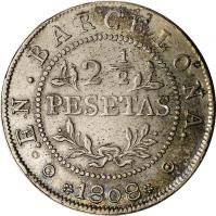 Spain coin 2 1/2 Pesetas - Joseph I (1808 - 1814) reverse reverse of 2 1/2 Pesetas - Joseph I (1808 - 1814) coin with KM# 68 from Spain. Inscription: EN BARCELONA 2½ PESETAS 1808