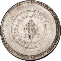 obverse of 5 Pesetas - Fernando VII - Majorca (1823) coin with C# L9 from Spain. Inscription: FERN 7 P LA G D DIOS Y LA CON T