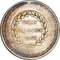 reverse of 5 Pesetas - Fernando VII - Majorca (1823) coin with C# L9 from Spain. Inscription: YSLAS BALEARES 1823