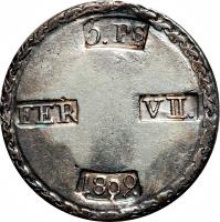reverse of 5 Pesetas - Fernando VII - Tarragona (1809) coin with KM# 5 from Spain. Inscription: 5. PS FER VII. 1809.