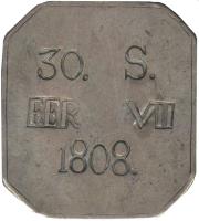 Spain coin 30 Sous - Fernando VII - Majorca (1808) reverse reverse of 30 Sous - Fernando VII - Majorca (1808) coin with C# L52 from Spain. Inscription: 30. S. FER. VII 1808.