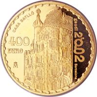 Spain coin 400 Euro - Juan Carlos I - Antonio Gaudí (2002) reverse reverse of 400 Euro - Juan Carlos I - Antonio Gaudí (2002) coin with KM# 1086 from Spain. Inscription: 400 EURO CASA BATTLO GAUDI 2002 BARCELONAó
