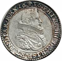 Spanish Netherlands coin 1 Ducaton - Felipe IV (1622 - 1636) obverse obverse of 1 Ducaton - Felipe IV (1622 - 1636) coin with KM# 56 from Spanish Netherlands.