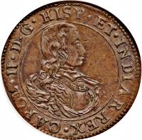 Spanish Netherlands coin 1 Liard - Carlos II (1679 - 1691) obverse obverse of 1 Liard - Carlos II (1679 - 1691) coin with KM# 91 from Spanish Netherlands.