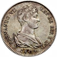 Spanish States coin 2 Reales - Fernando VII - Valencia Loyalty - Valencia (1809) obverse obverse of 2 Reales - Fernando VII - Valencia Loyalty - Valencia (1809) coin with KM# 80 from Spanish States. Inscription: A FERNANDO VII REX DE ESP. ET IND. 1809.