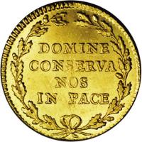 reverse of 1 Duplone (1795) coin with KM# 187 from Swiss cantons. Inscription: DOMINE CONSERVA NOS IN PACE