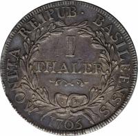 reverse of 1 Thaler (1765) coin with KM# 169 from Swiss cantons. Inscription: MONETA REIPUB BASILEENSIS I THALER IH 1765