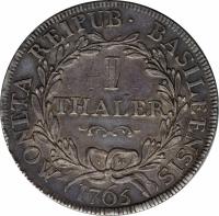Swiss cantons coin 1 Thaler (1765) reverse reverse of 1 Thaler (1765) coin with KM# 169 from Swiss cantons. Inscription: MONETA REIPUB BASILEENSIS I THALER IH 1765