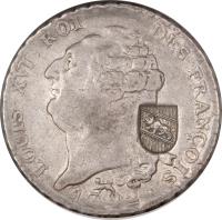 Swiss cantons coin 40 Batzen - Countermarked (1816) obverse obverse of 40 Batzen - Countermarked (1816) coin with KM# 182 from Swiss cantons. Inscription: LOUIS XVI ROI DES FRANÇOIS 1792