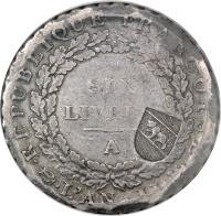 Swiss cantons coin 40 Batzen - Countermarked (1816) obverse obverse of 40 Batzen - Countermarked (1816) coin with KM# 183 from Swiss cantons. Inscription: REPUBLIQUE FRANÇOISE SIX LIVRES. A · L'AN II ·