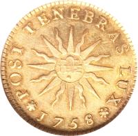 Swiss cantons coin 1 Pistole (1752 - 1770) reverse reverse of 1 Pistole (1752 - 1770) coin with KM# 77 from Swiss cantons. Inscription: POST TENEBRAS LUX IHΣ 1758