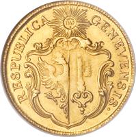 Swiss cantons coin 3 Pistoles (1771) obverse obverse of 3 Pistoles (1771) coin with KM# 84 from Swiss cantons. Inscription: RESPUBLICA GENEVENSIS · IHS