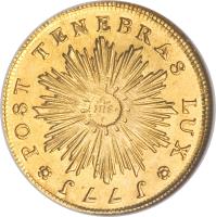 Swiss cantons coin 3 Pistoles (1771) reverse reverse of 3 Pistoles (1771) coin with KM# 84 from Swiss cantons. Inscription: POST TENEBRAS LUX * 1771 * IHS
