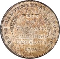 Swiss cantons coin 1 Genevoise (1794) reverse reverse of 1 Genevoise (1794) coin with KM# 98 from Swiss cantons. Inscription: APRES LES TENEBRES LA LUMIERE PRIX DU TRAVAIL. L'AN III · DE L'EGALITE 1794