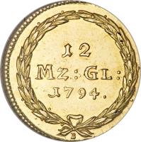 Swiss cantons coin 12 Munzgulden (1796) reverse reverse of 12 Munzgulden (1796) coin with KM# 86 from Swiss cantons. Inscription: 12 MZ : GL : 1794. B