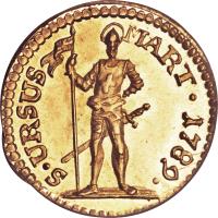 Swiss cantons coin 1/4 Duplone (1789) reverse reverse of 1/4 Duplone (1789) coin with KM# 55 from Swiss cantons. Inscription: S · URSUS MART · 1789 ·